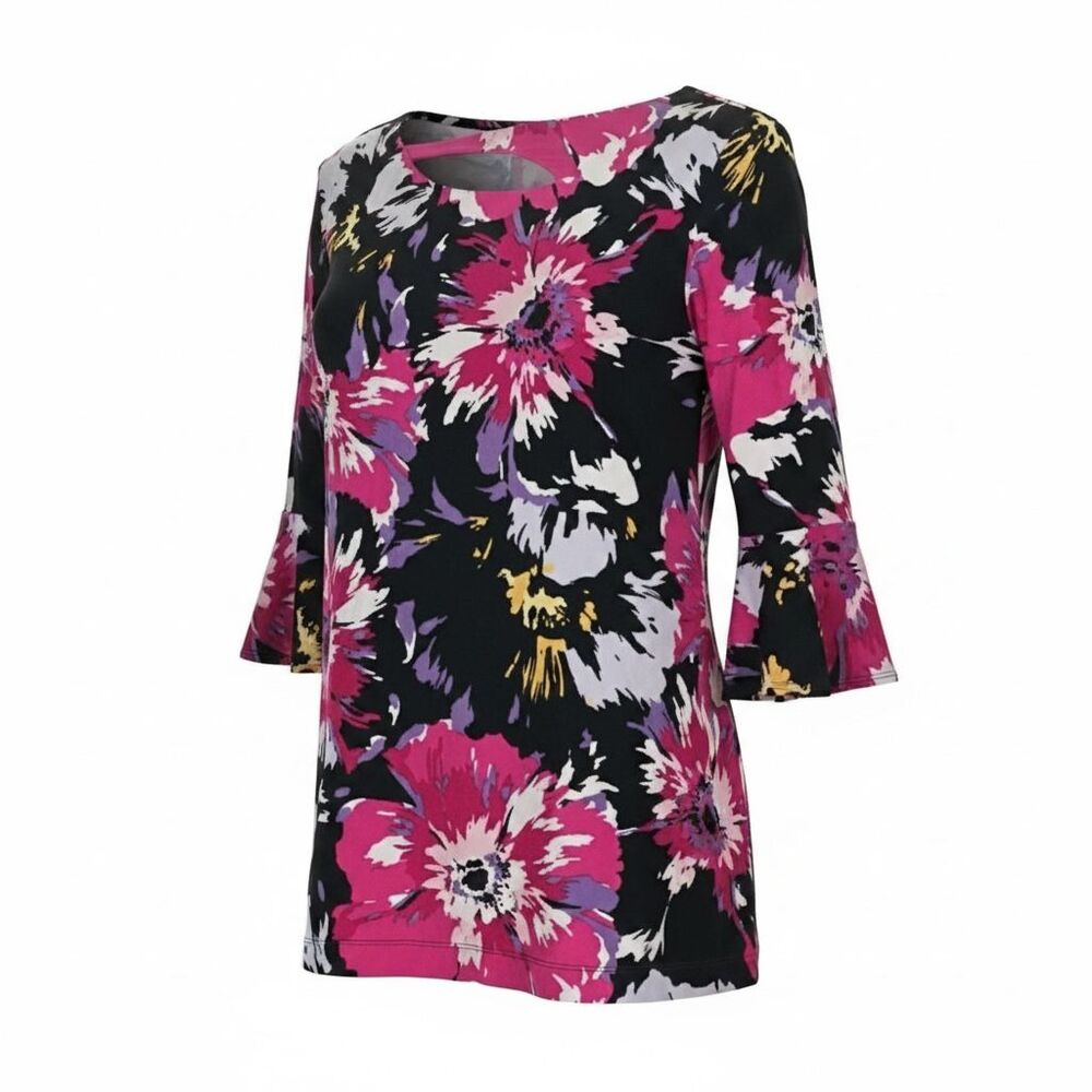 Chico’s Women’s Large Floral Tunic Top Black Pink 3/4 Bell Sleeve Stretch Blouse